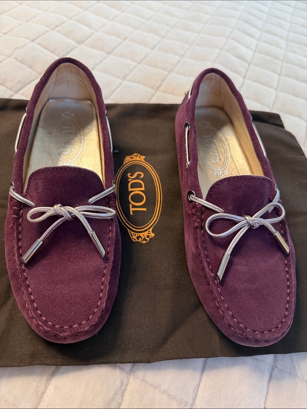 TOD'S Purple Suede Driving Moccasins with Metallic-Tip Laces